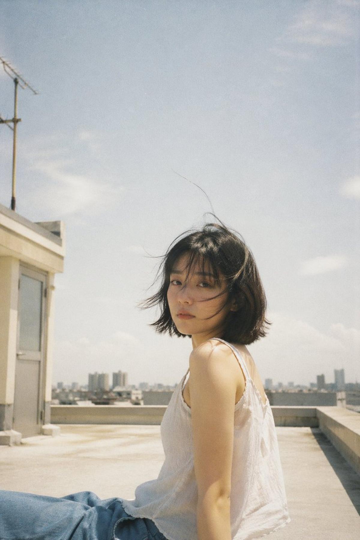 Japanese negative film aesthetic, rooftop summer scene, soft