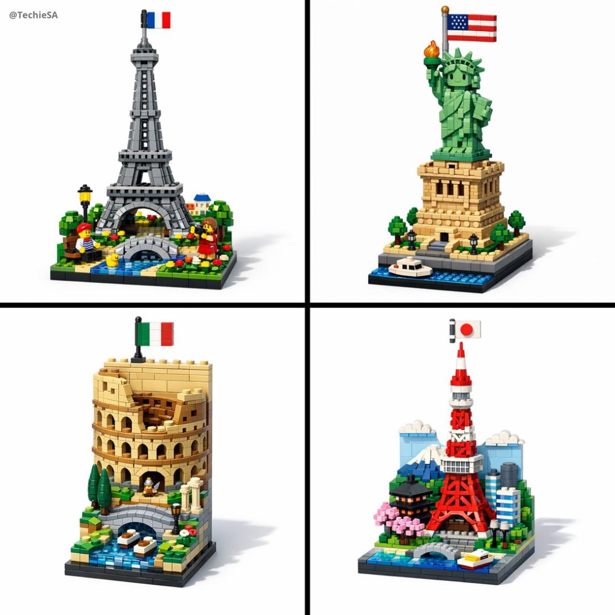 A vertical LEGO diorama showing [LANDMARK], [COUNTRY]). The 