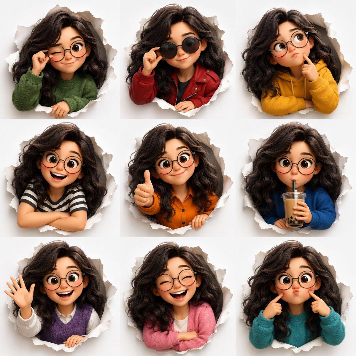 3D Pixar-style expression sheet, cute stylized avatar with w