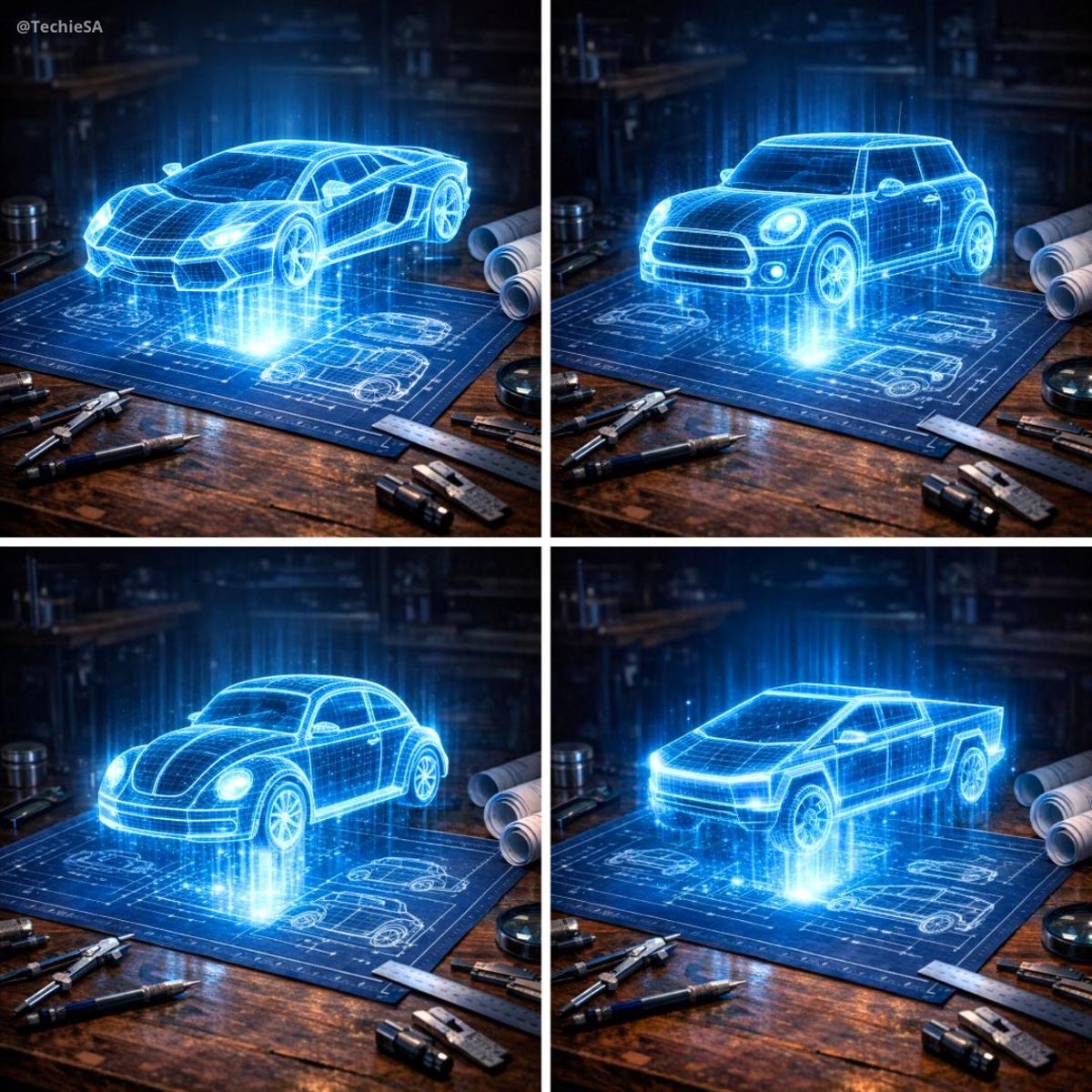 Create a hyper-realistic 3D holographic blueprint projection