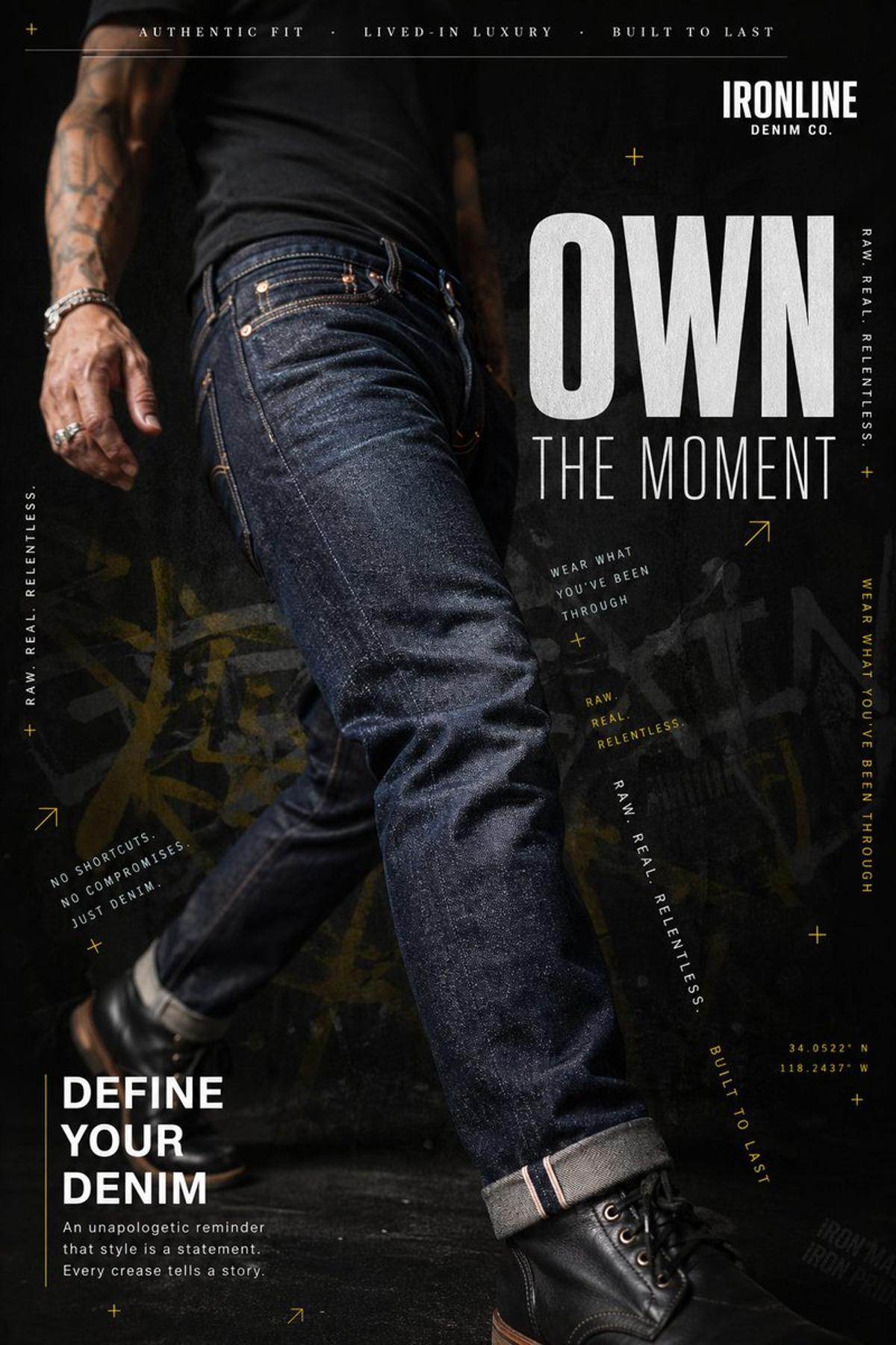 A hyperrealistic premium denim advertisement shot in a dark,