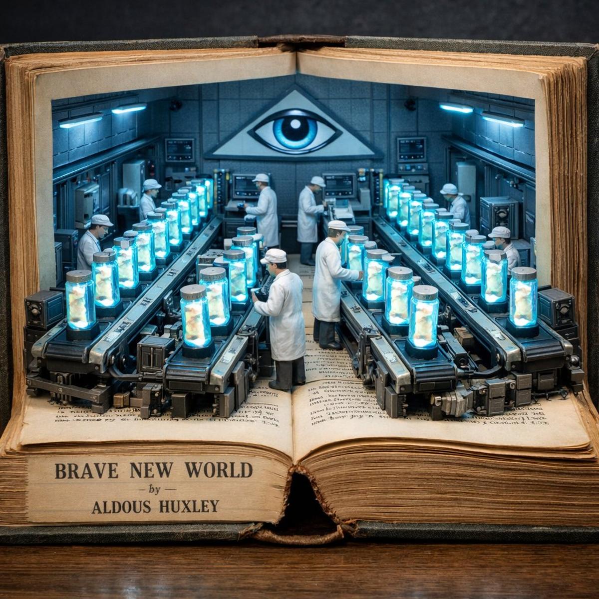 Surreal diorama emerging from an open vintage book of "Brave