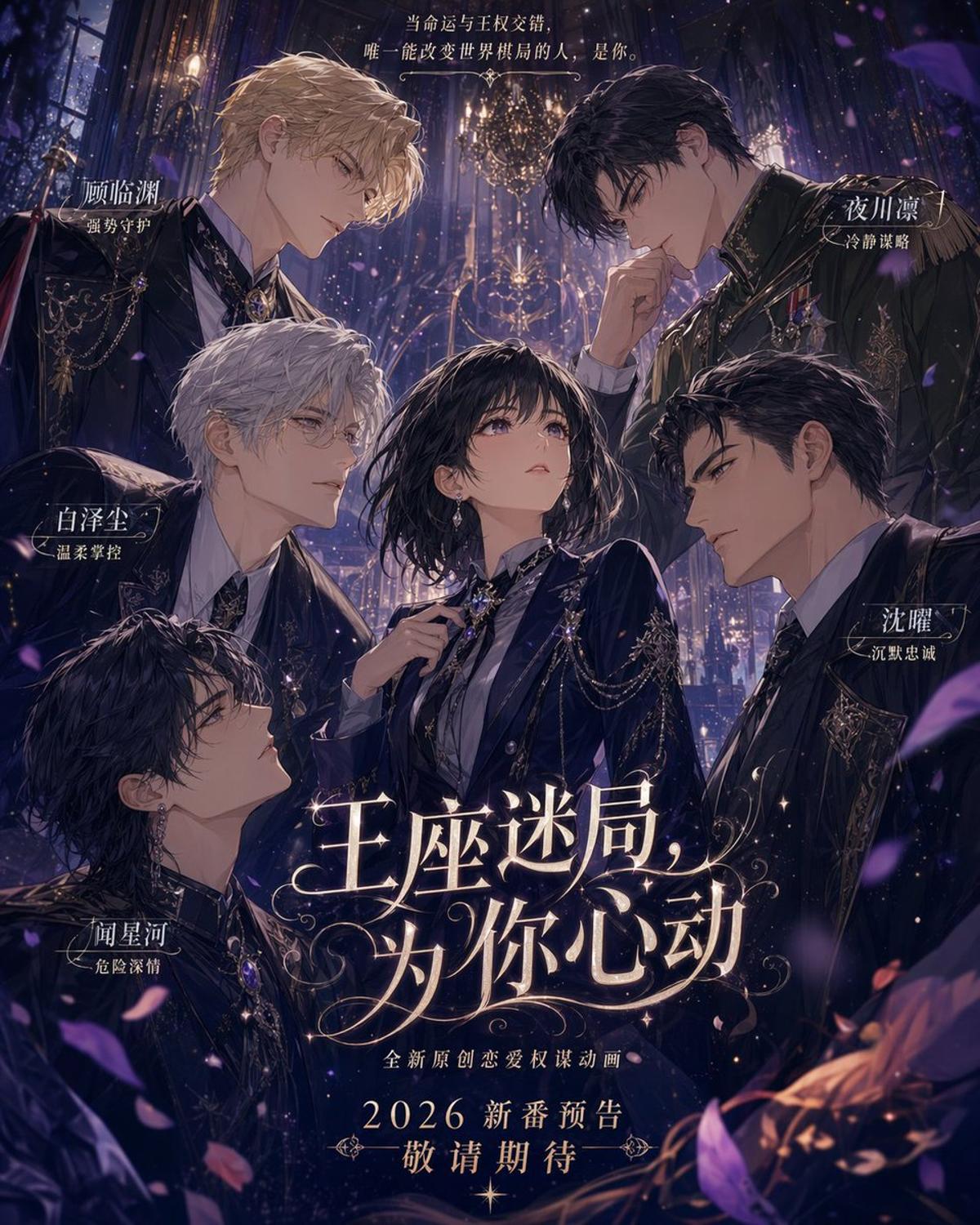请创作一张【主题为：】的[乙女恋爱游戏主视觉海报]风格的二次元宣传图。

整体设定为：多位具有强烈权力感、领袖气场、成熟