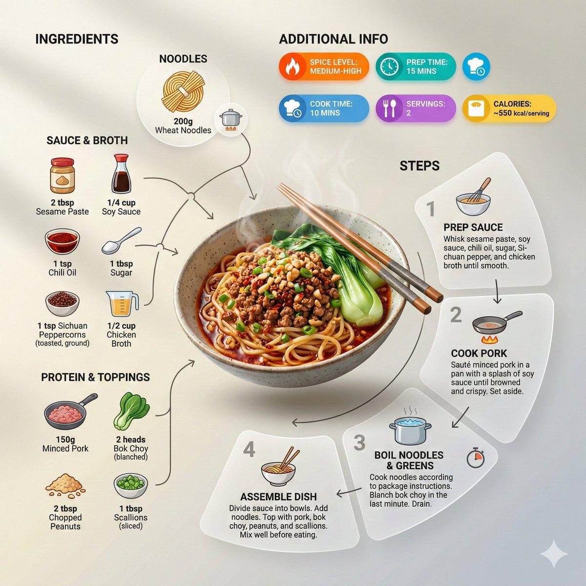 Ultra-clean modern recipe infographic. Showcase Noodles  in 