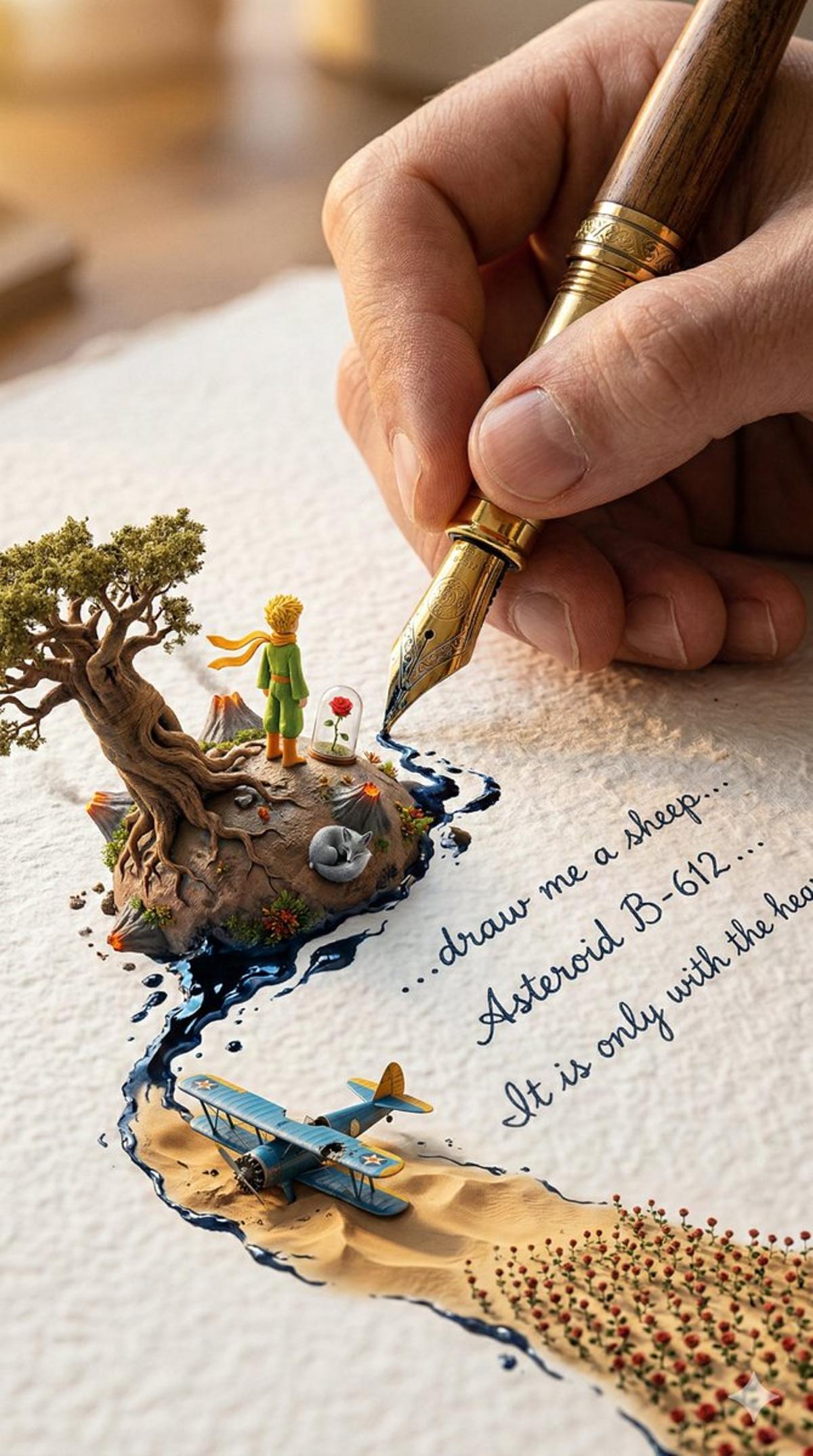 A colossal hand gripping an enormous vintage fountain pen, c