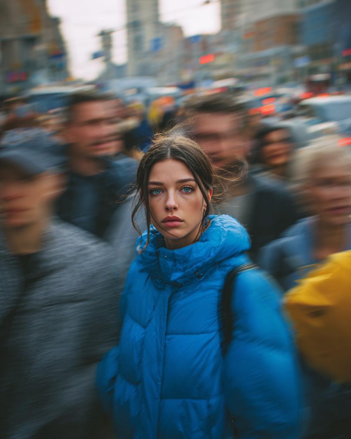 Ultra-realistic cinematic street portrait of a young woman i