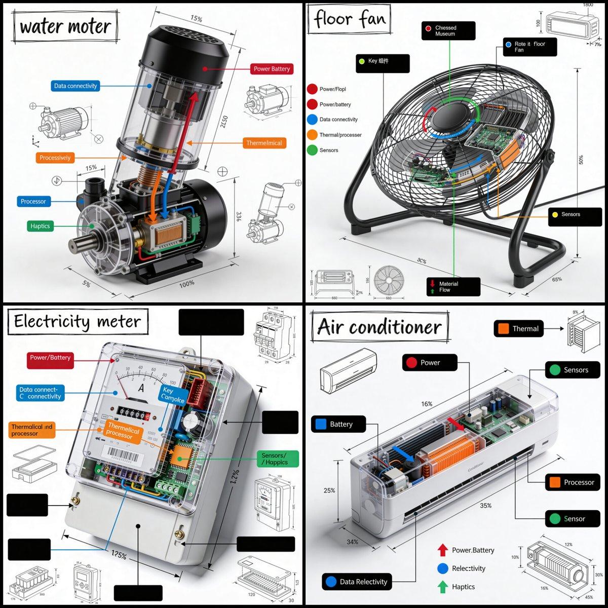 Create a technical infographic of [OBJECT] with a 45-degree 