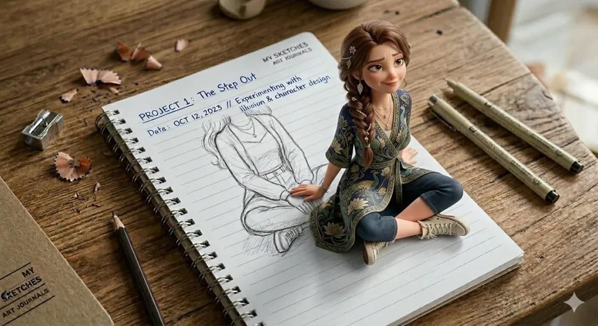 A creative 3D illusion artwork of a cute young girl stepping