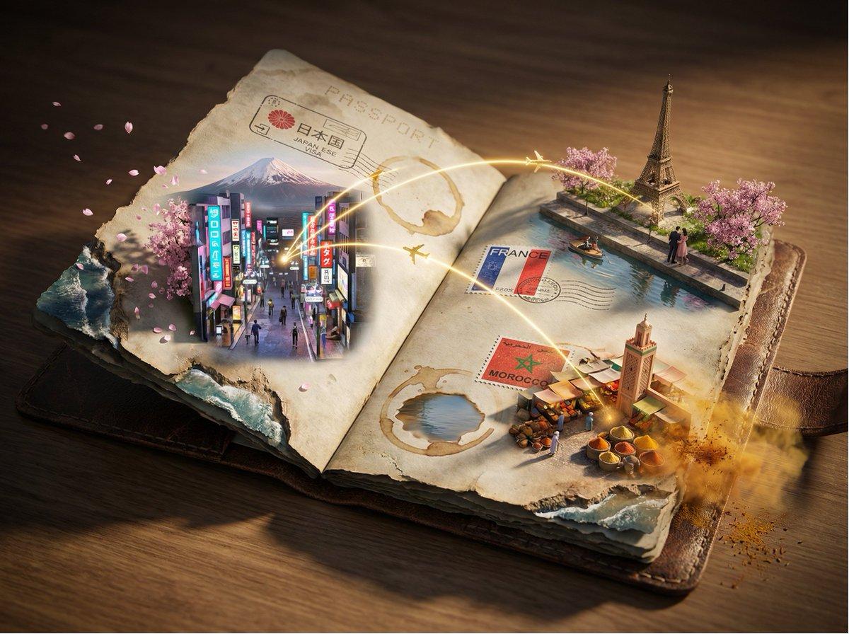 Epic 3D scene: a weathered passport lies open, its visa stam