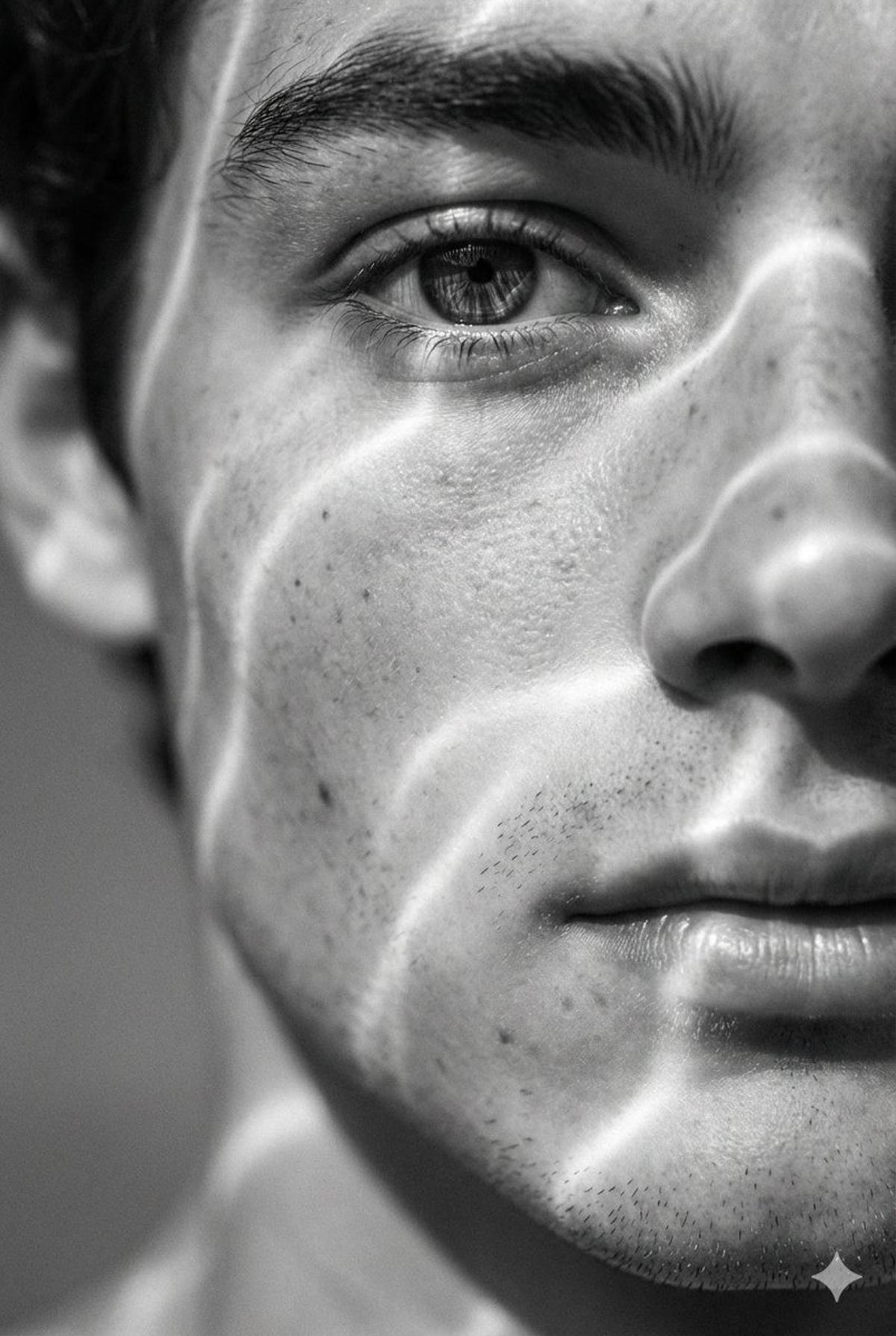 A hyperrealistic 8K black and white extreme close-up portrai
