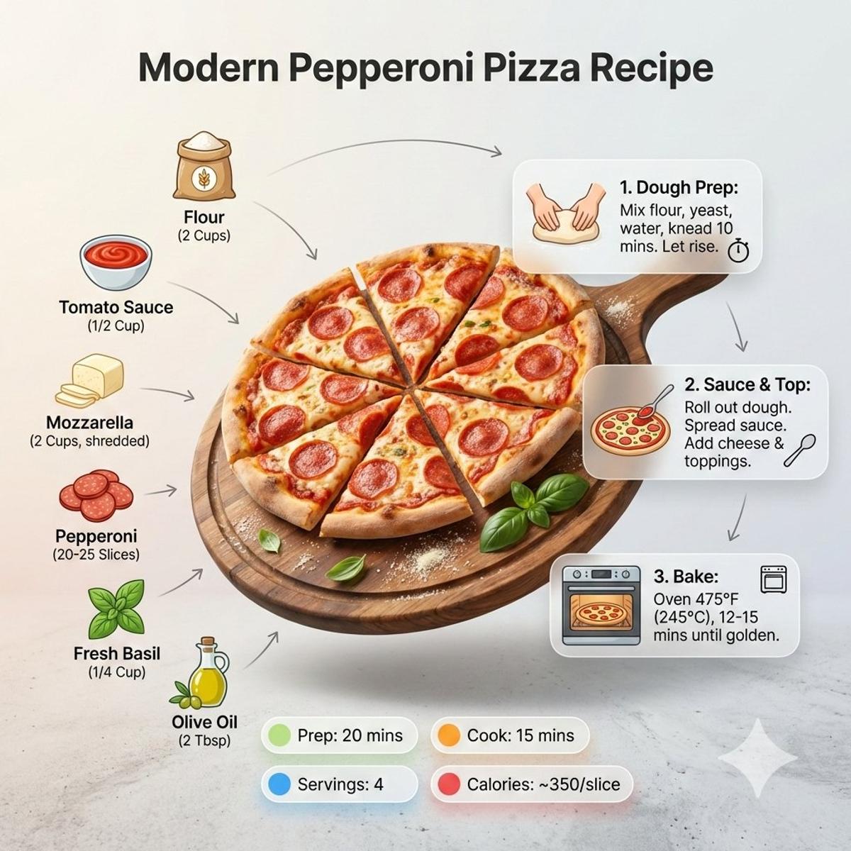 Ultra-clean modern recipe infographic. Showcase Pizza  in a 