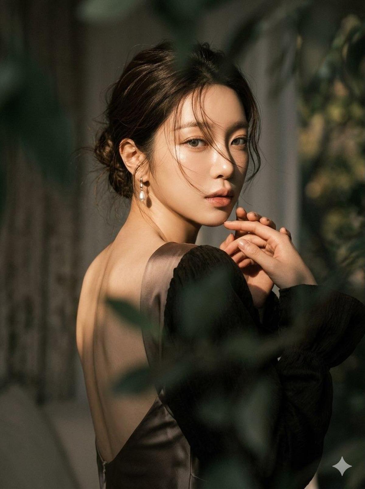 Create a moody, ethereal cinematic portrait of a woman with 