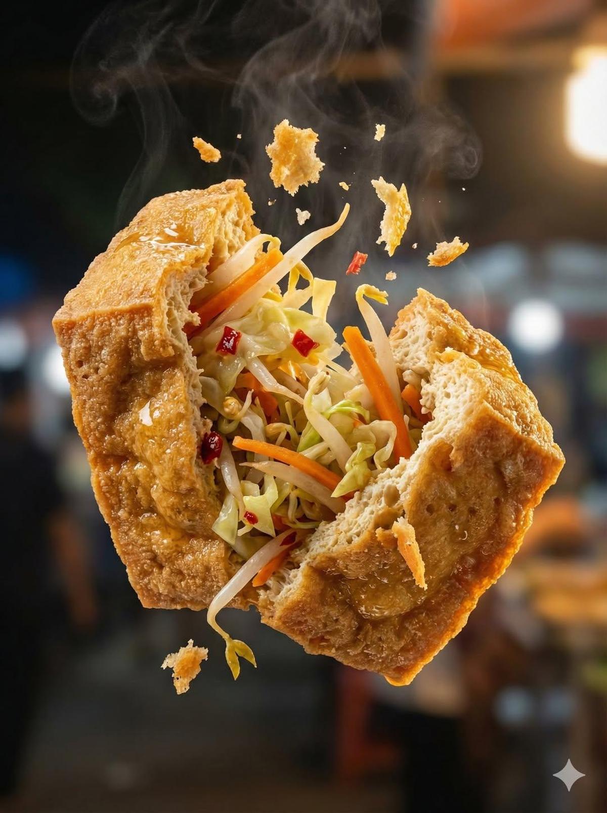 "Macro food photography of a crispy martabak telur tearing o