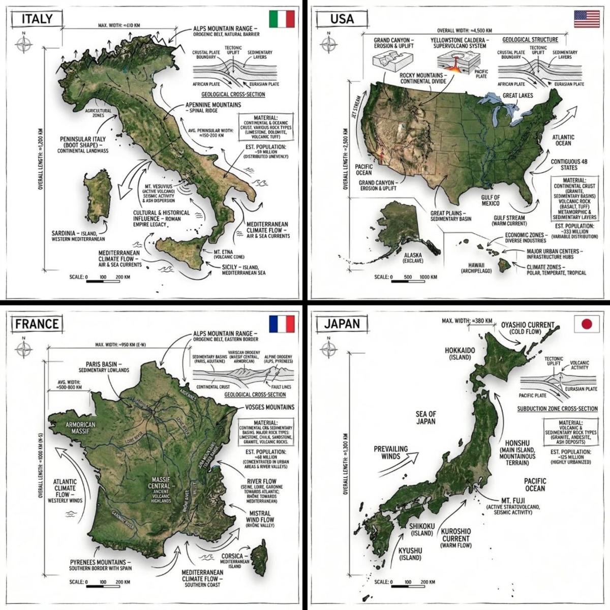 Create an infographic image of [COUNTRY], combining a realis