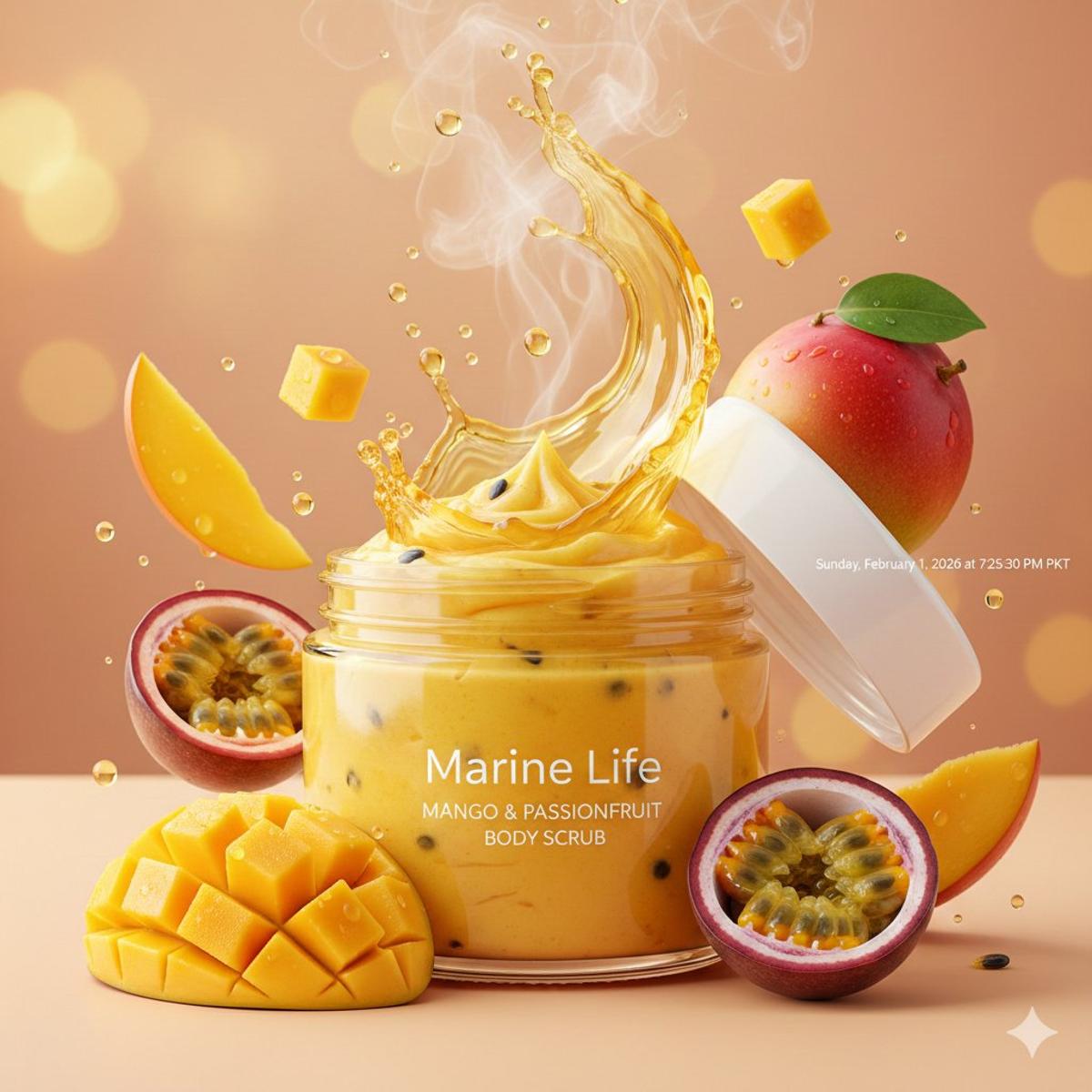 Luxurious tropical body scrub product photography, open jar