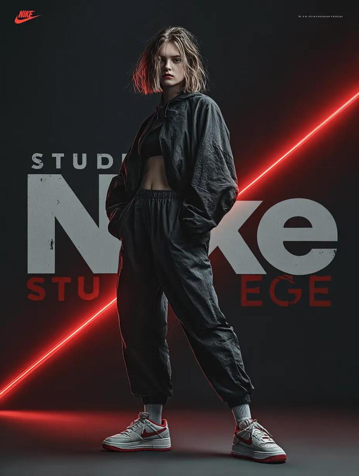 A dynamic fashion advertisement for Nike showing a hyper-rea