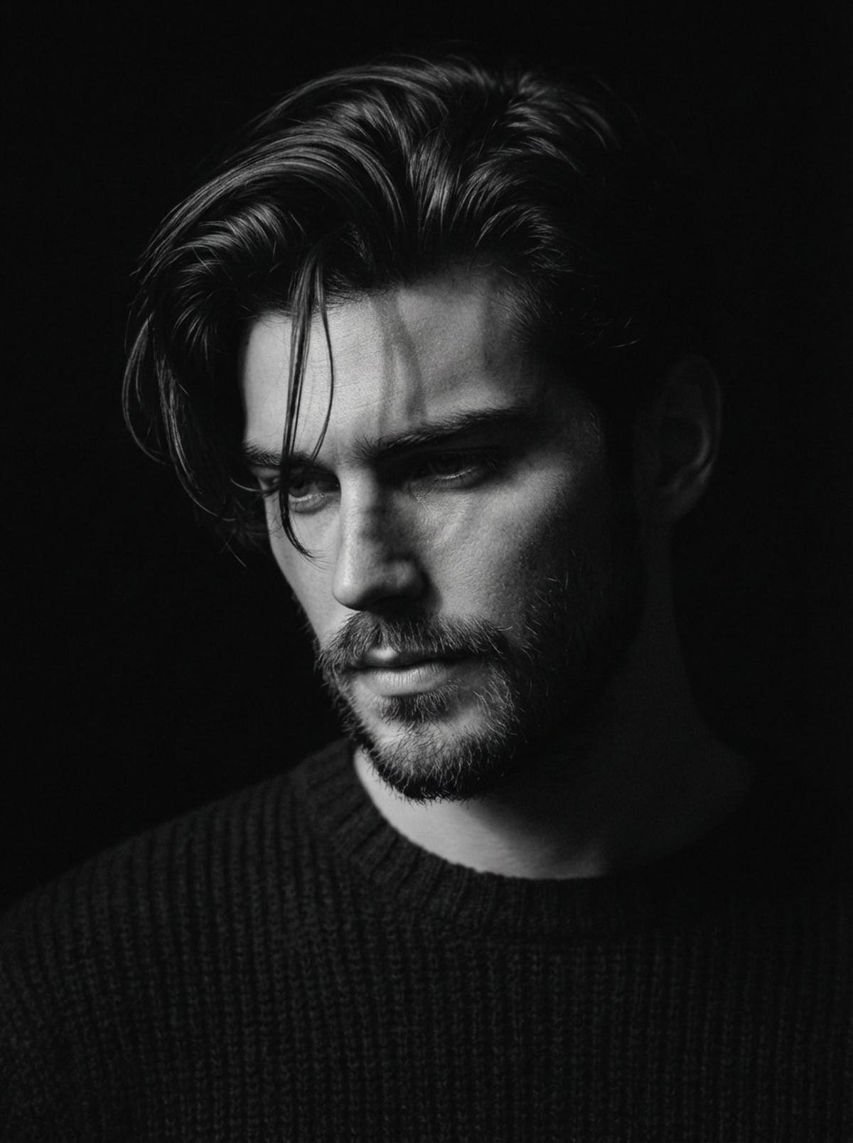 Close-up black and white portrait of a man use image face re