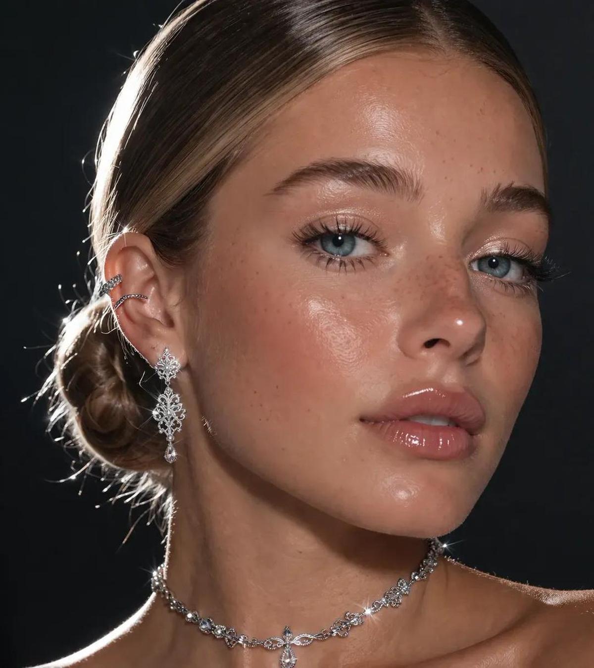 An extreme close-up focusing on a pretty lady's face and nec