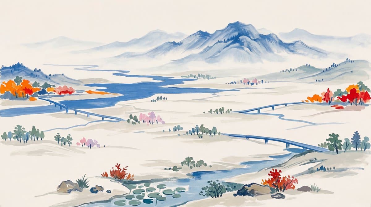 使用以 #f6f4f0 为主背景，#2d6dc3 为主蓝色，同时也包含一些橙色元素，制作了一张山水远景风景画。
