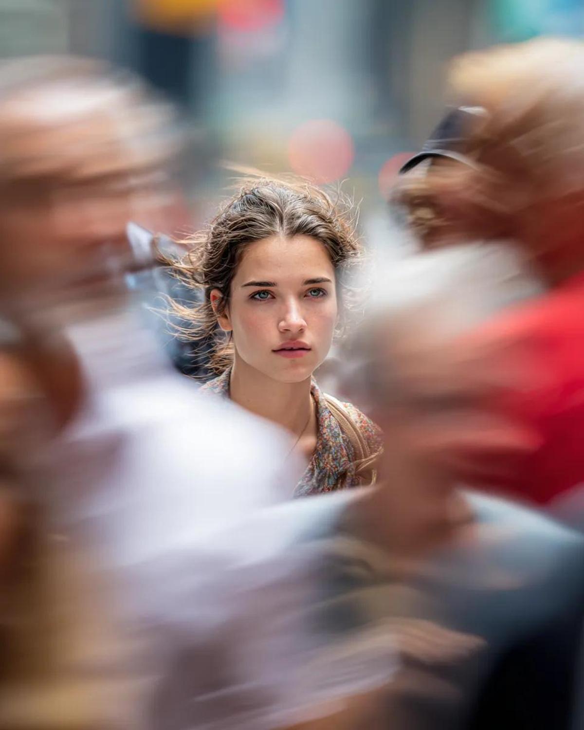 Model looking at camera, close up of face, busy New York str