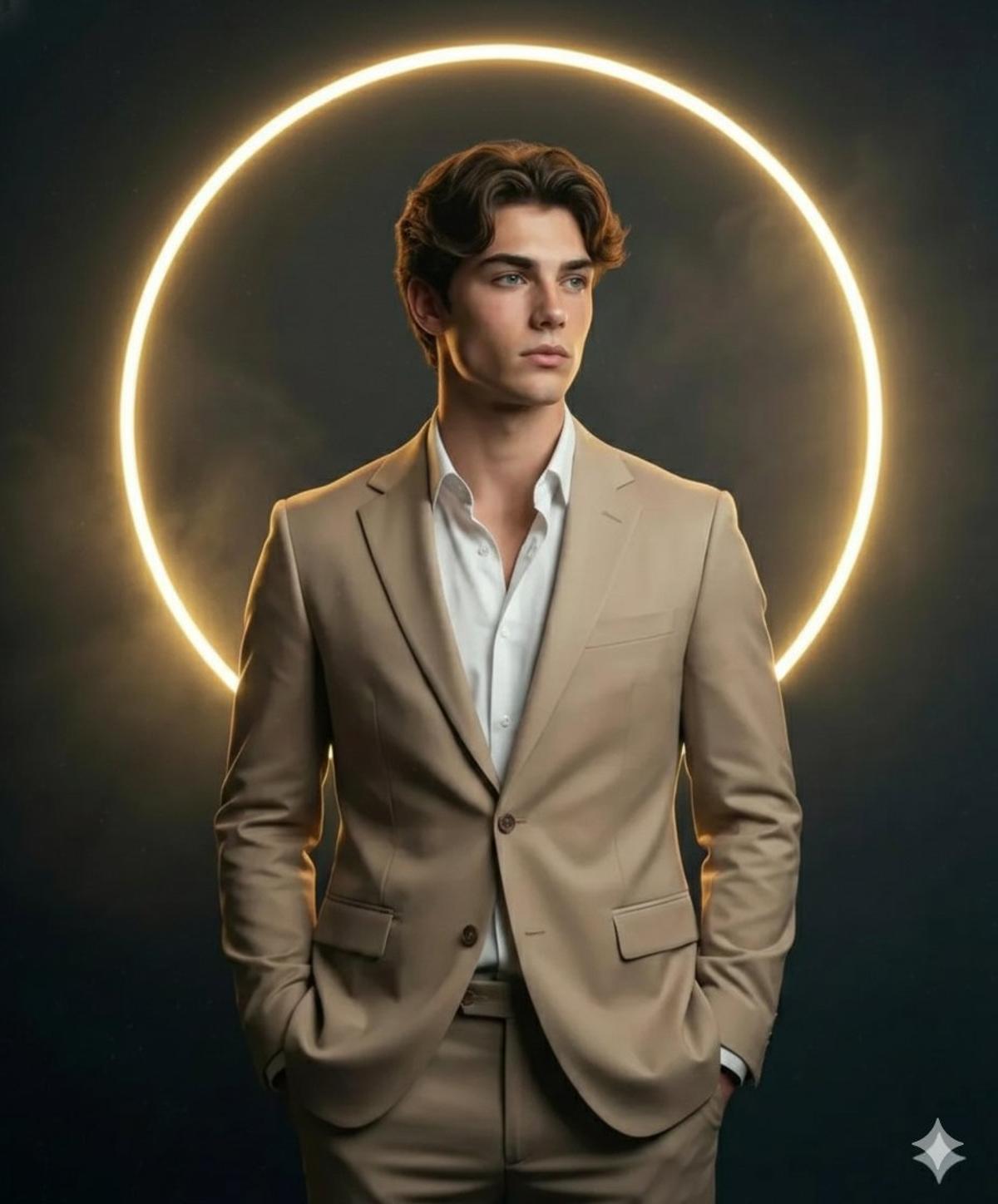 A high-definition, cinematic portrait of a sharp, handsome y