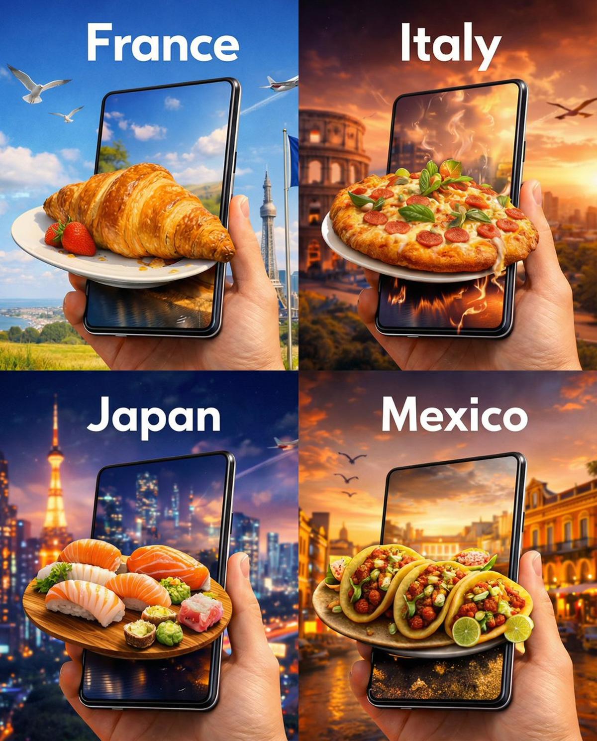 {
"Create a hyper-realistic tourism advertisement collage