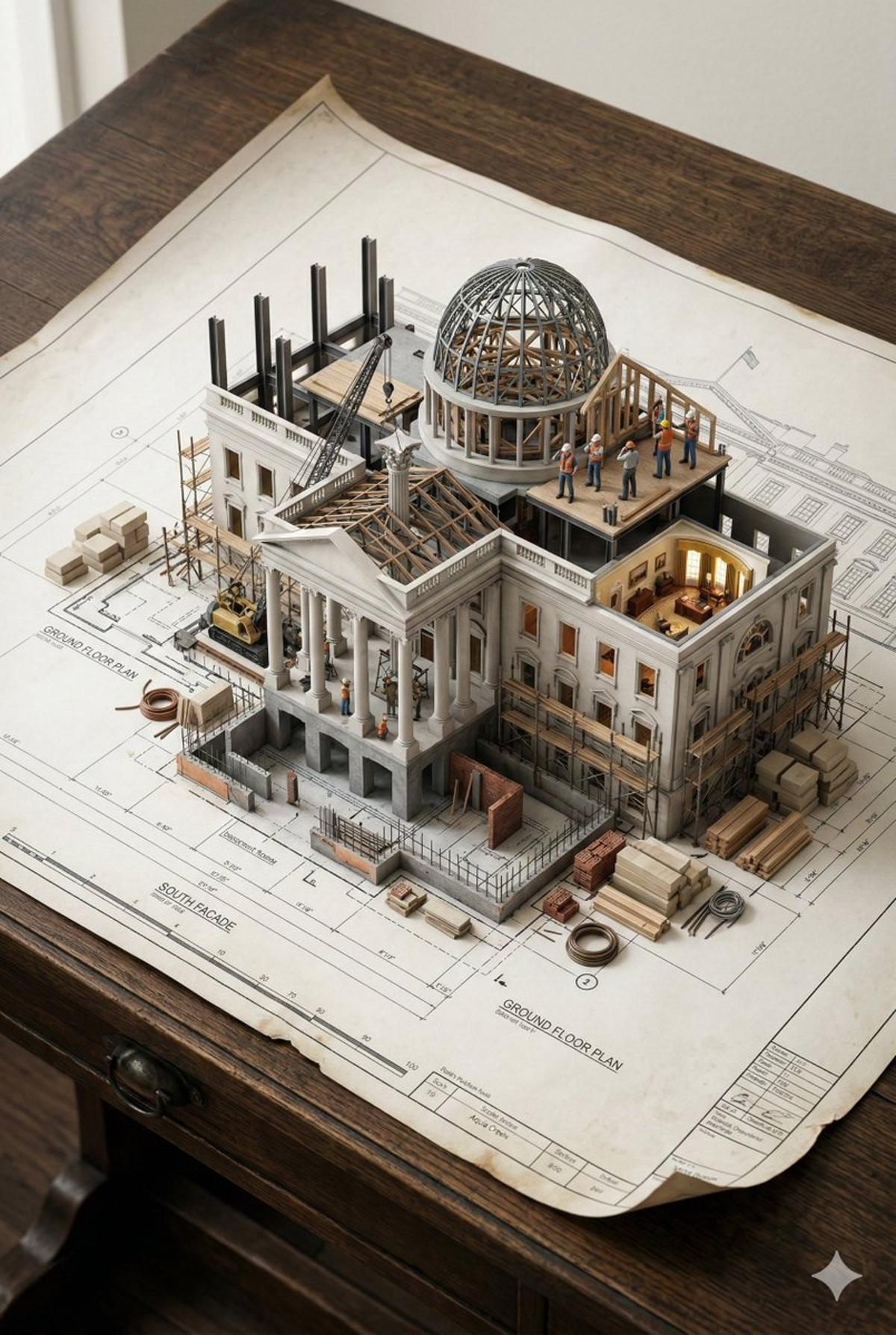 An architectural blueprint of [BUILDING_NAME] placed on a {S
