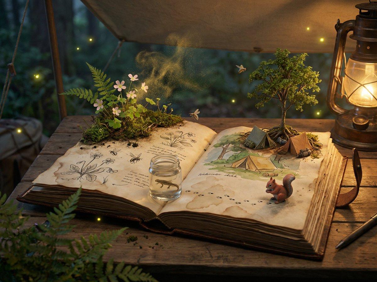 Epic 3D scene: a weathered field journal lies open on a natu