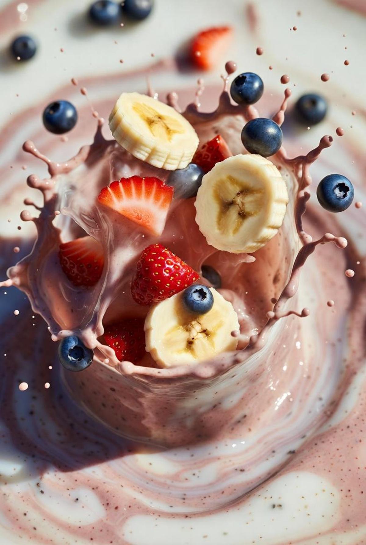 Ultra-realistic smoothie explosion, banana slices, strawberr