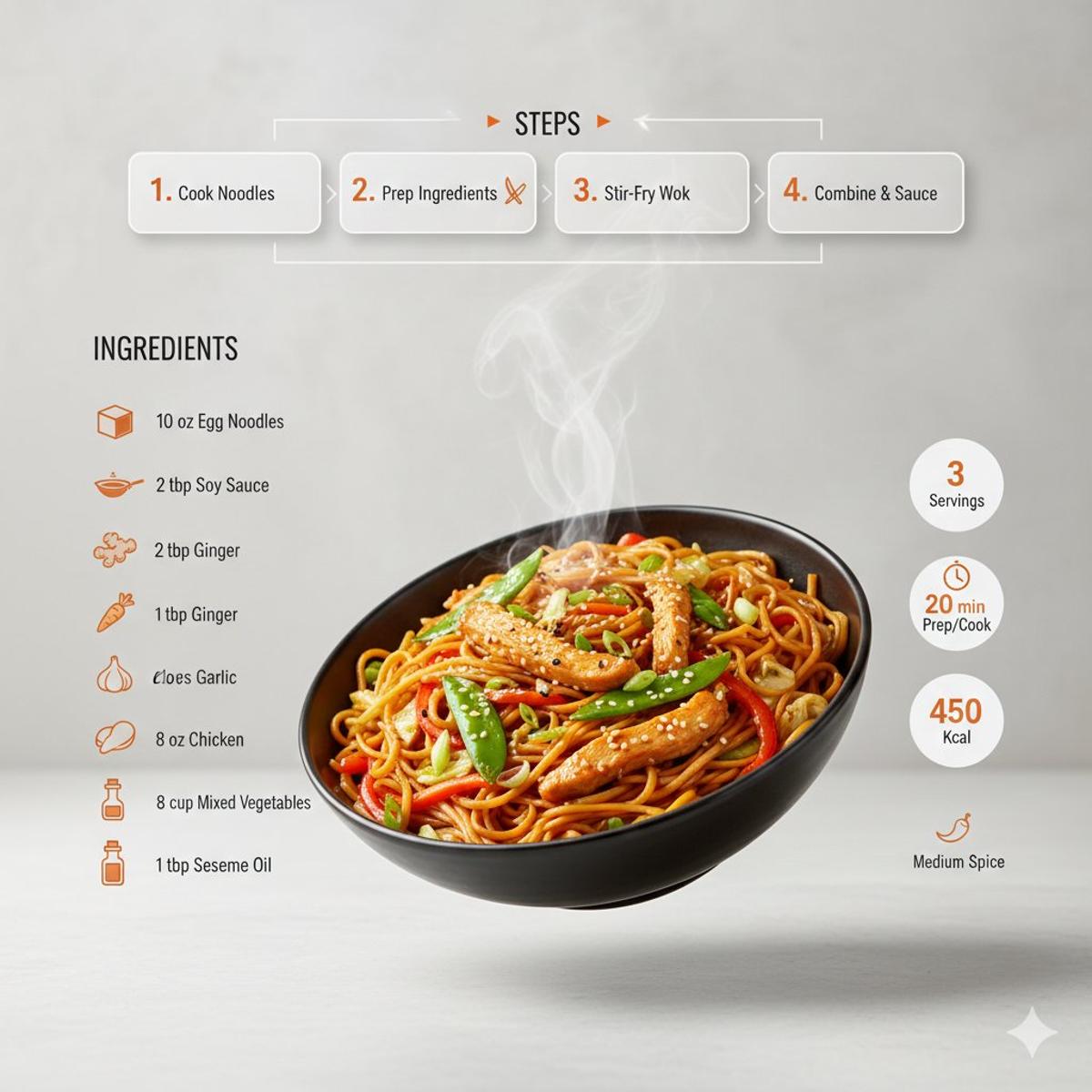 Ultra-clean modern recipe infographic. Showcase chowmin in a