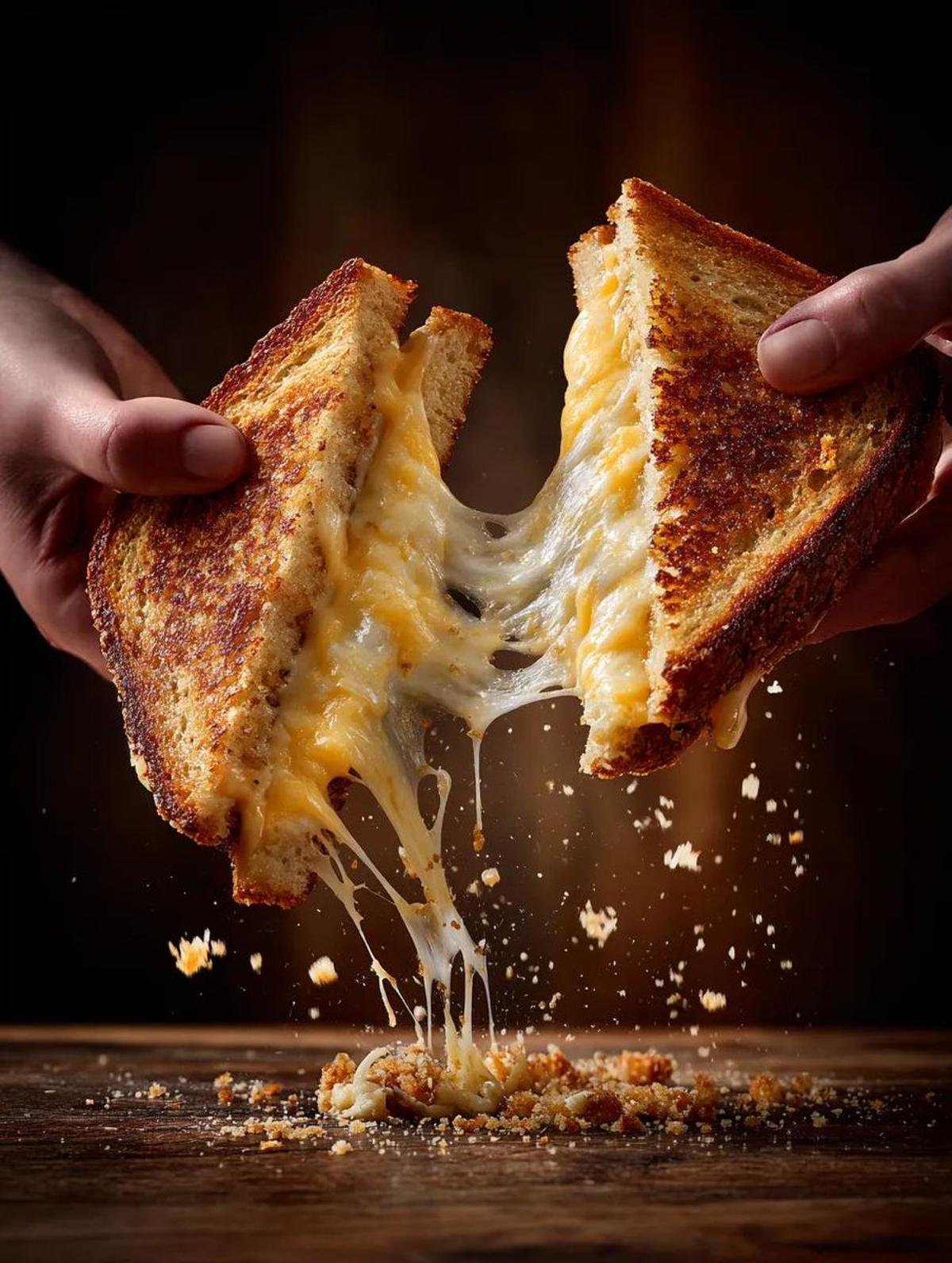 two hands pulling apart a grilled cheese sandwich, strands o