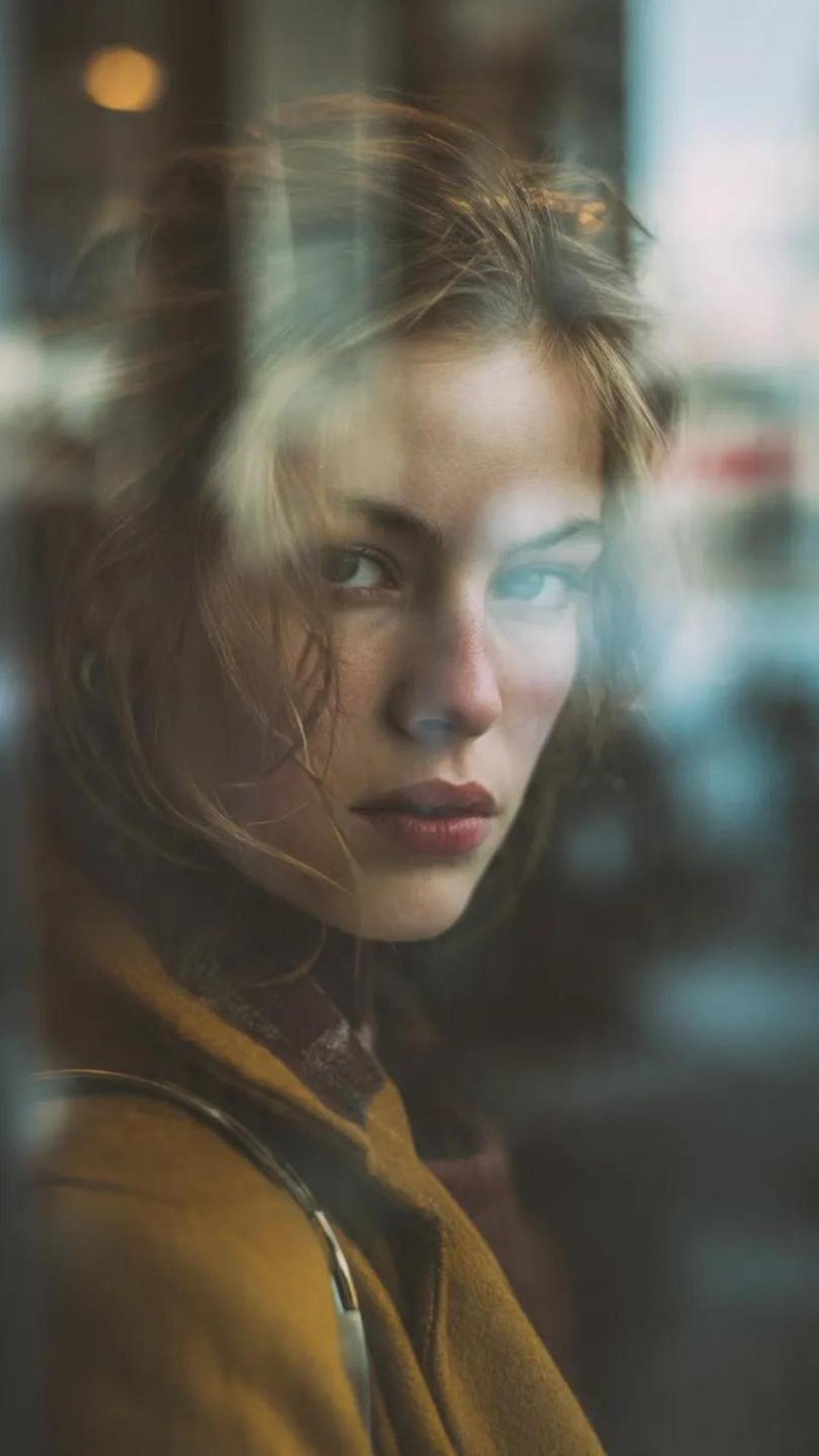 Reflection in glass window, layered composition, subject of
