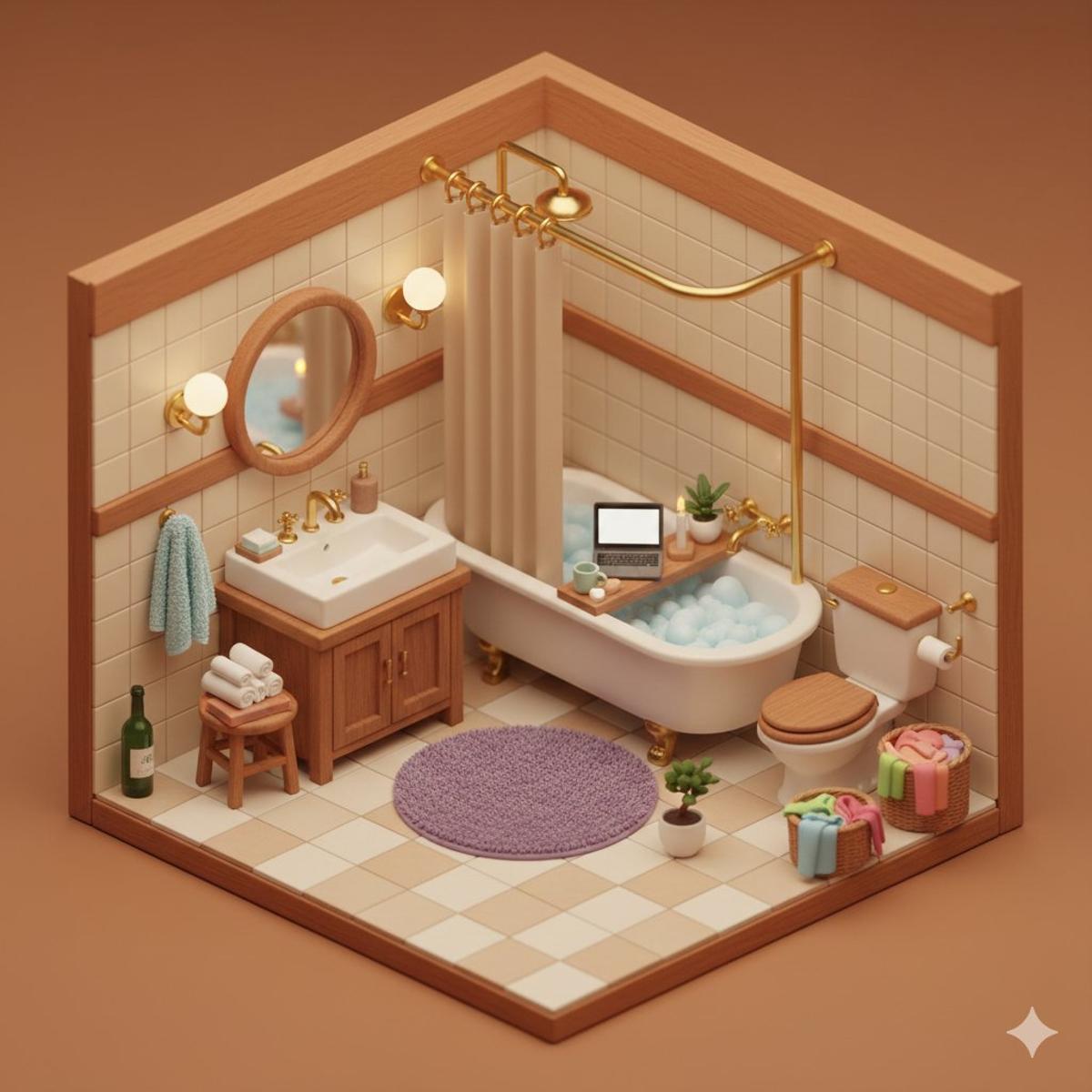 {
"prompt": "cute cozy isometric 3D miniature bathroom dio