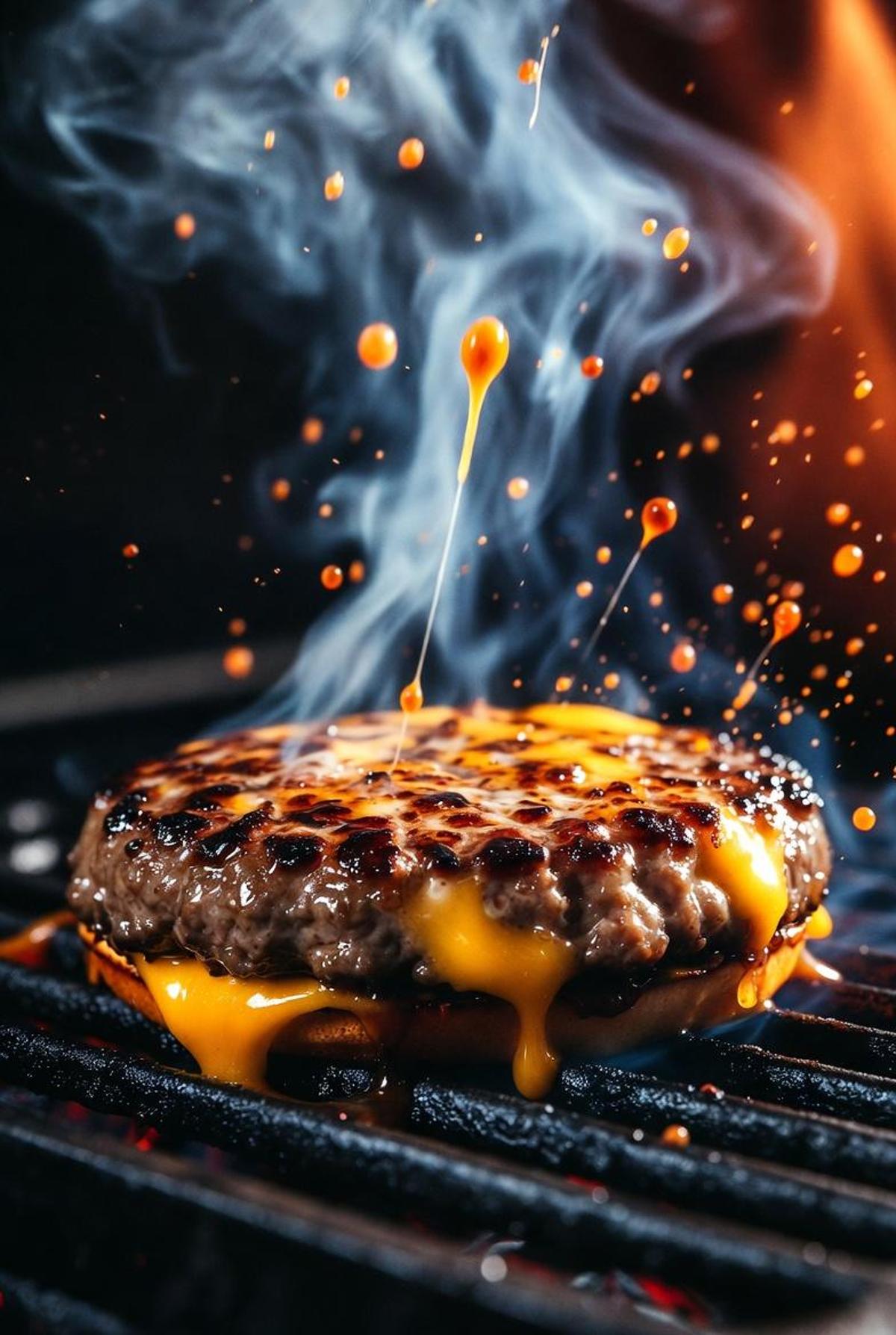 A hyper-realistic, cinematic close-up of a sizzling gourmet 