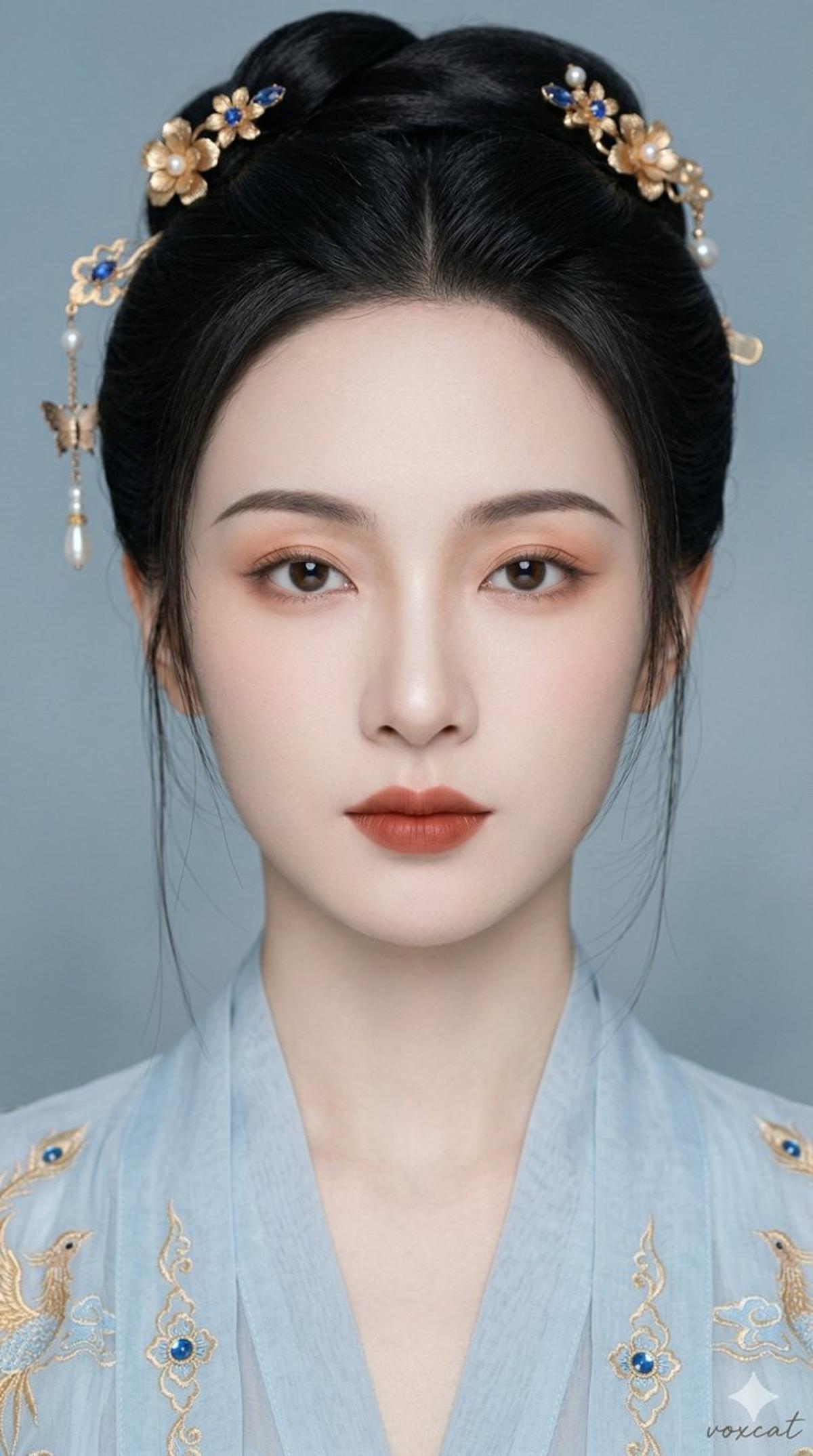 东方古风清雅女性正面肖像,超近景贴脸特写,人物正面面对镜头,头部端正,视线直视镜头,脸部几乎充满画面,构图集中,双眼位于