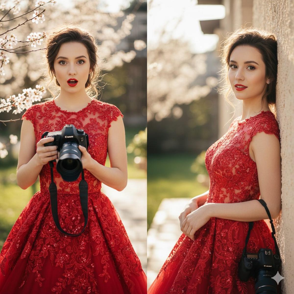 A young woman with an elegant, polished look. In one frame,