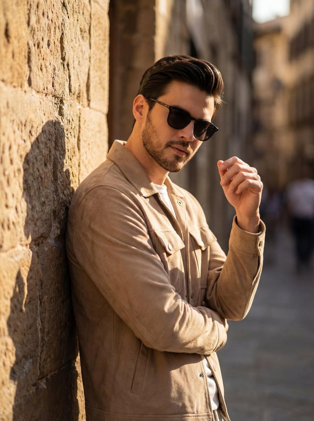 A cinematic golden hour portrait of a stylish man leaning ag