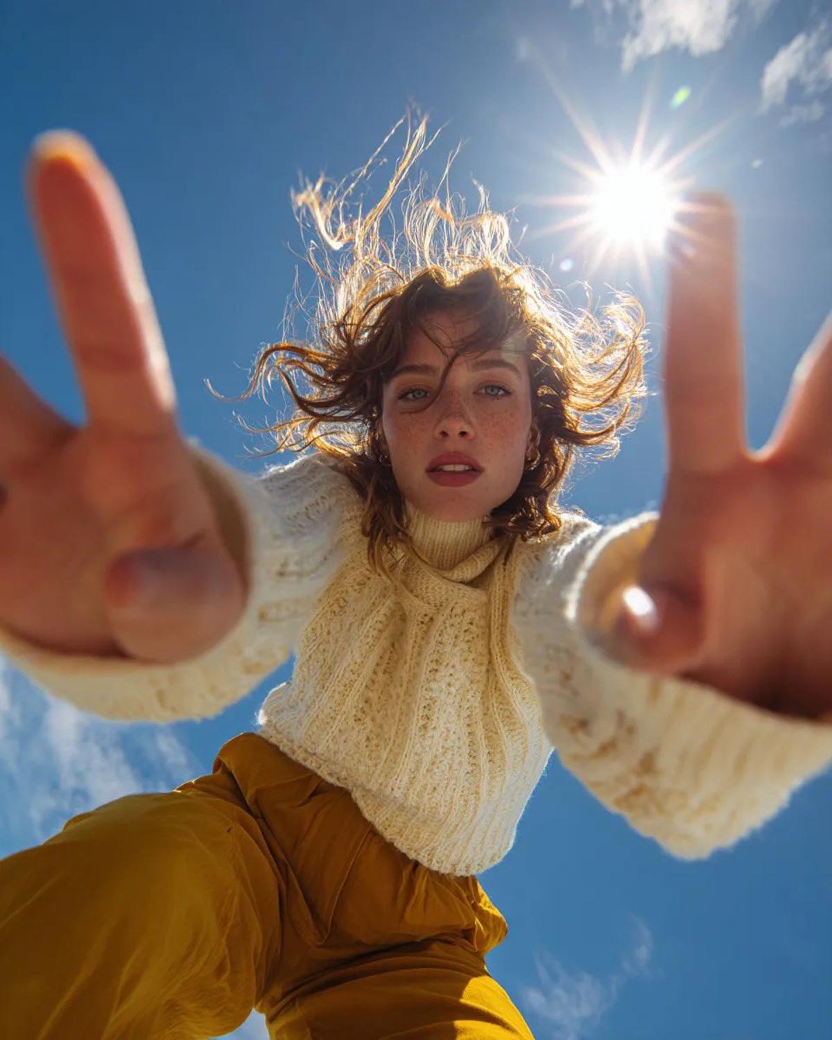 Ultra wide-angle low-angle portrait shot from ground perspec