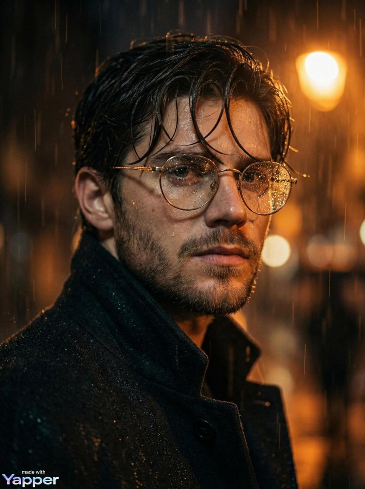 Cinematic close-up portrait of a young man standing in heavy
