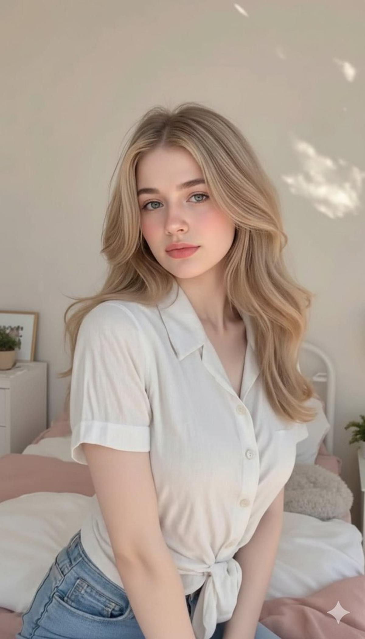 Cute, innocent young adult blonde woman  sitting comfortably