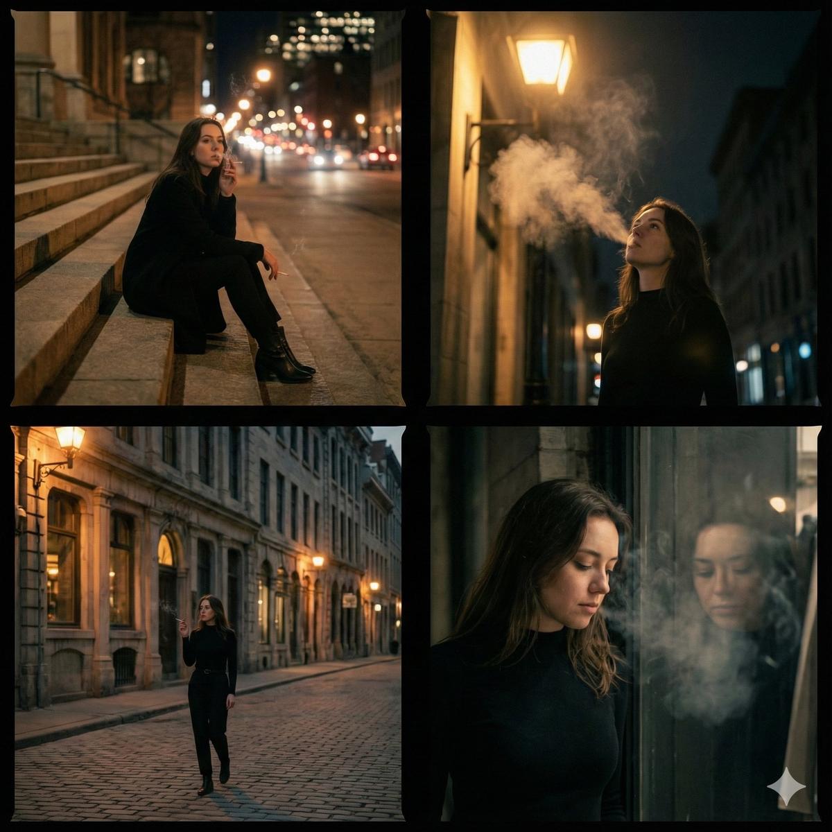 A cinematic 4-panel photo collage showing a quiet, introspec
