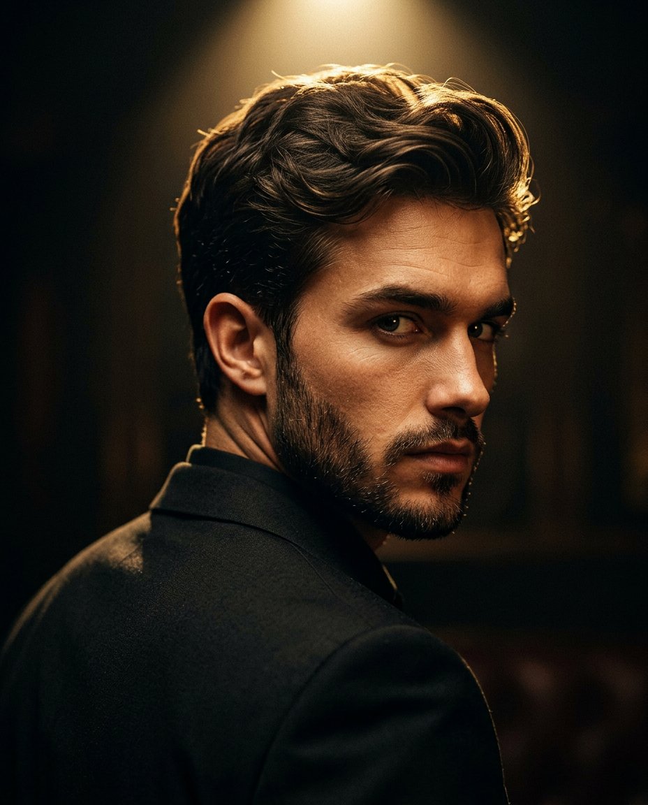 Ultra-realistic cinematic portrait of a stylish man in a bla