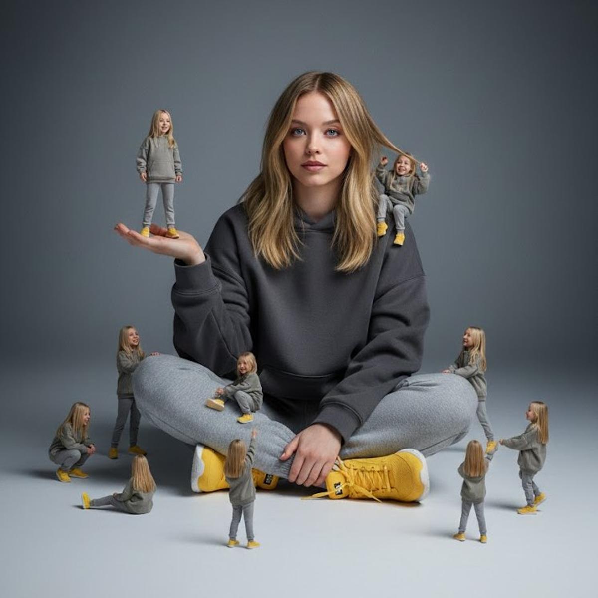 A creative surreal image of a woman sitting on the ground, w