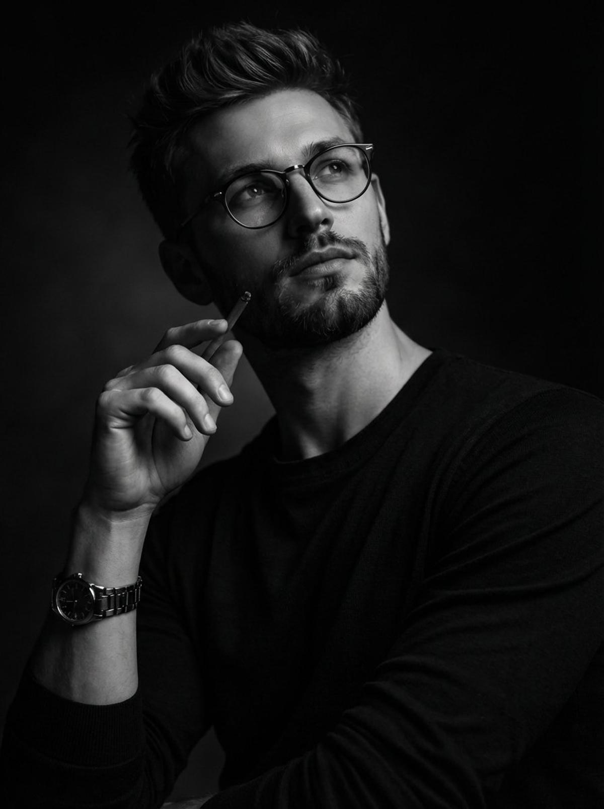 A dramatic black and white studio portrait of a thoughtful m