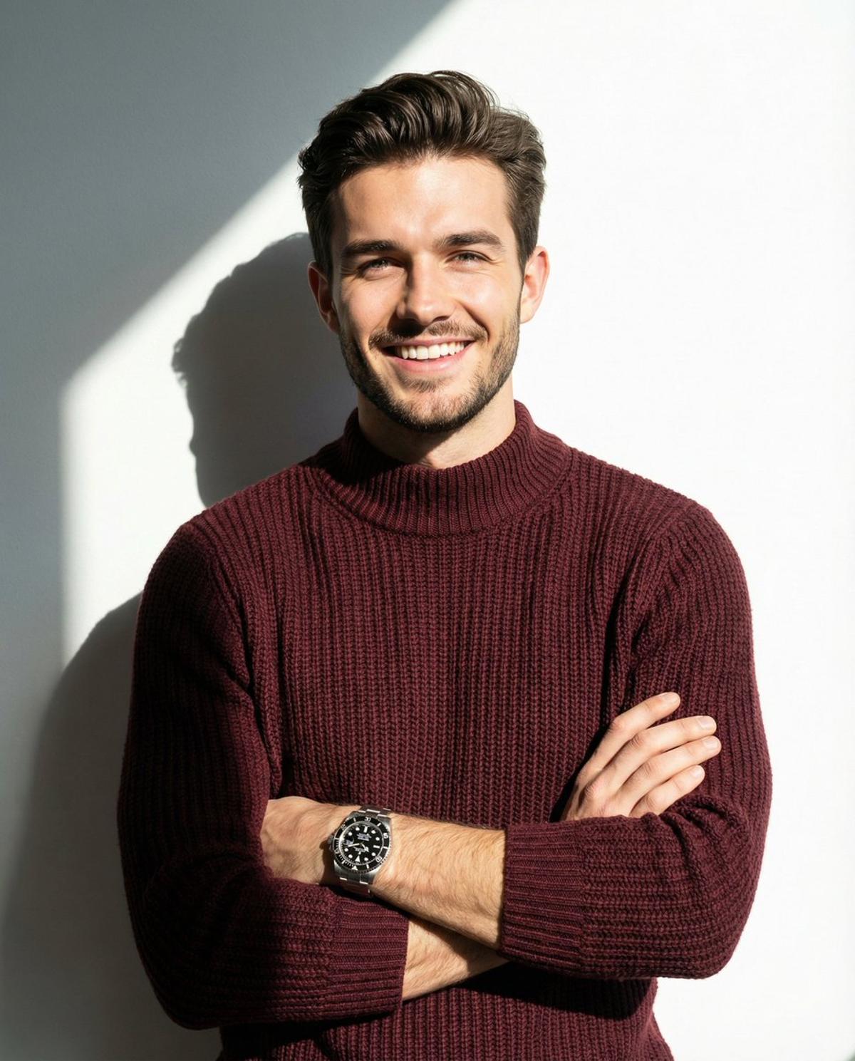 A man smiling and posing with his arms crossed, wearing a ma
