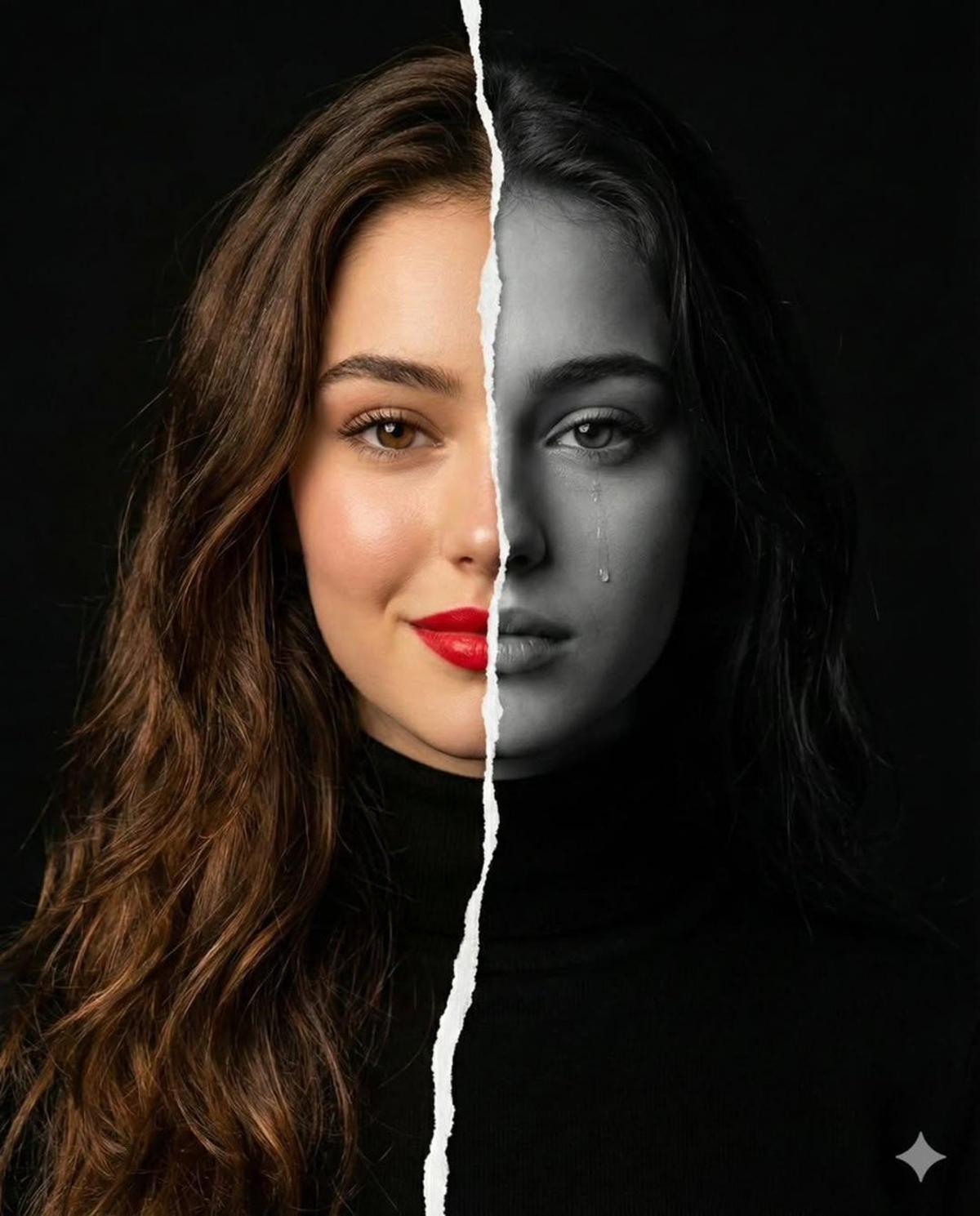 ​A high-resolution conceptual portrait of a woman’s face ver