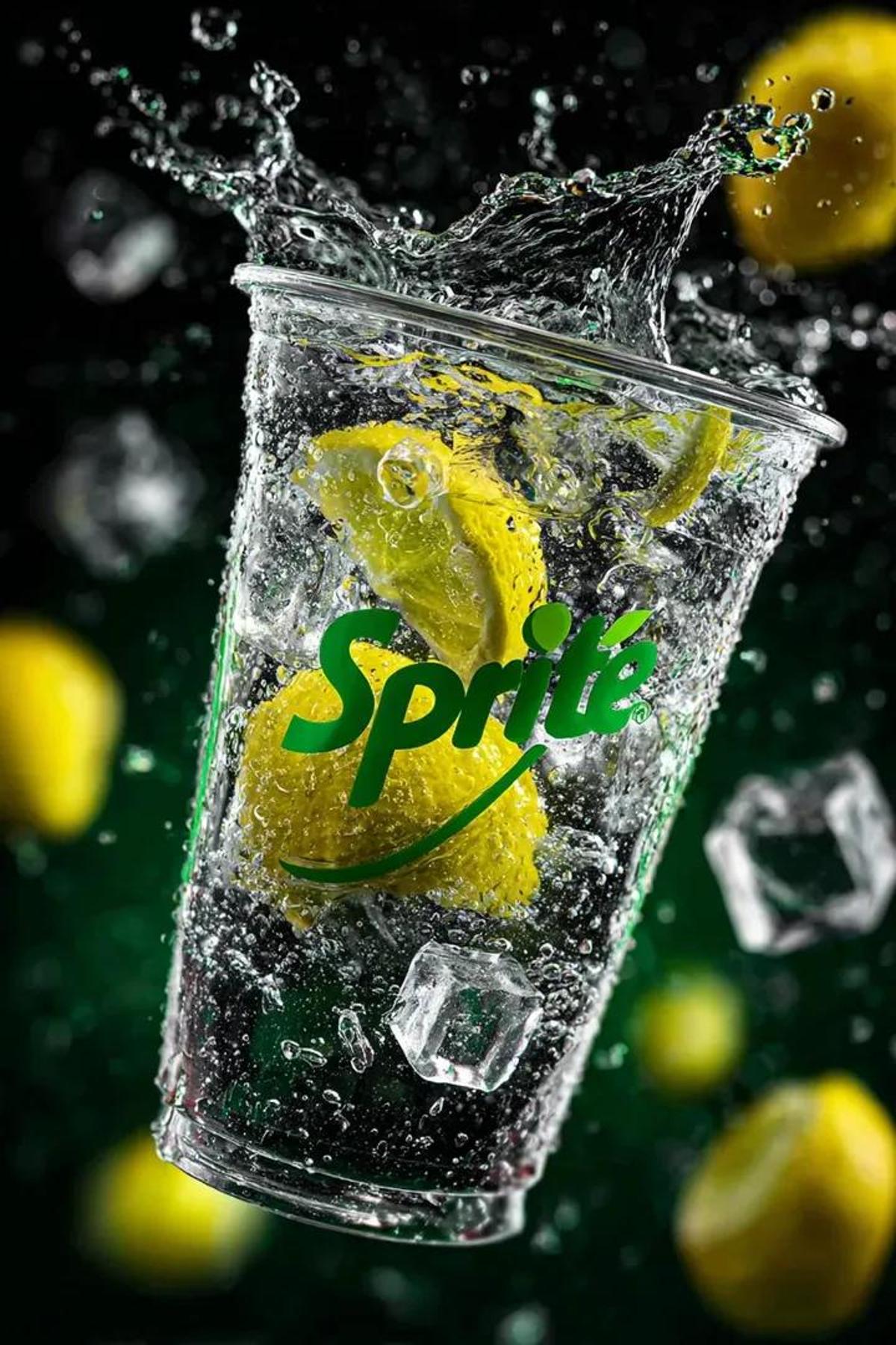 A transparent cup filled with fresh Sprite lemon soda floati