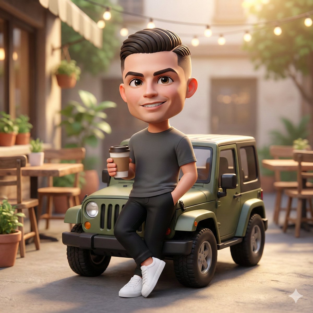 A cute 3D chibi-style character leaning against a parked min