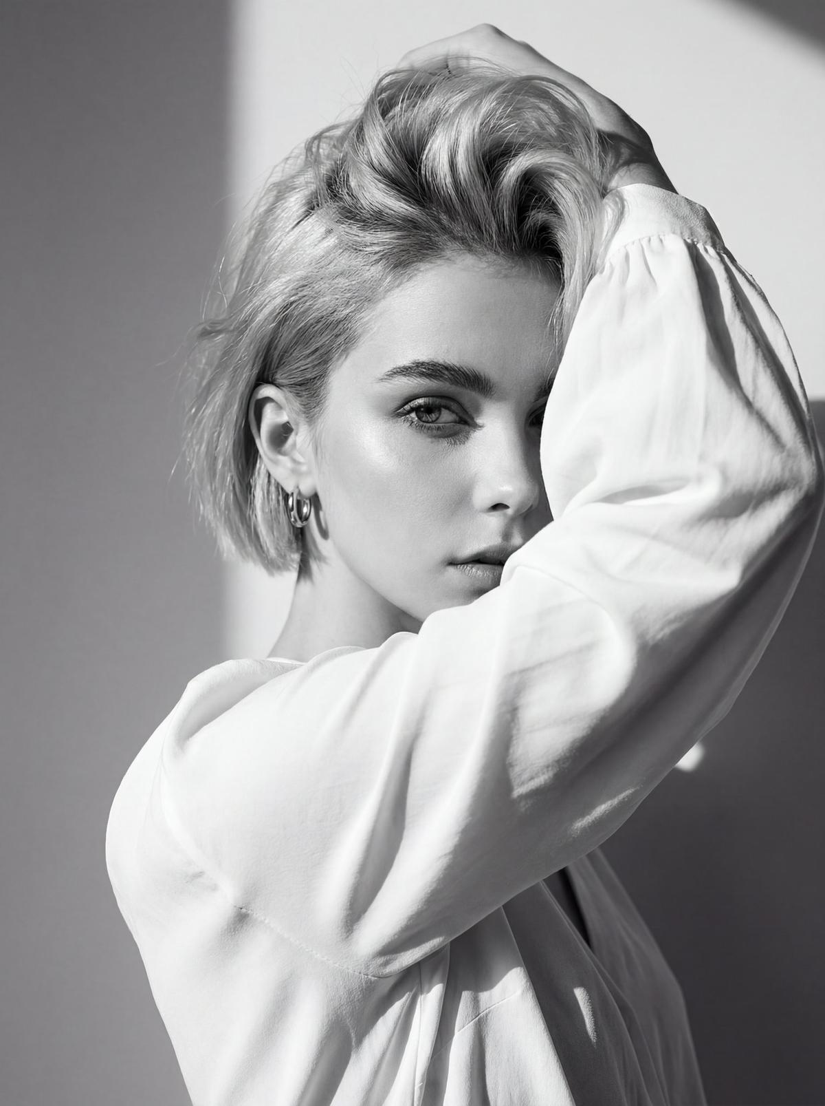 Use the attached image of the model as facial reference and