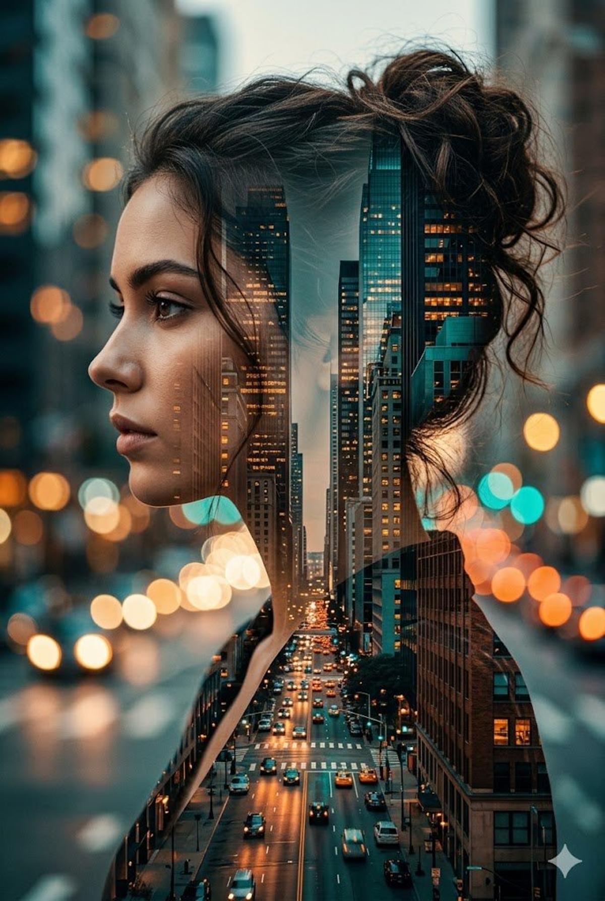 A cinematic double exposure portrait of a young woman hollyw